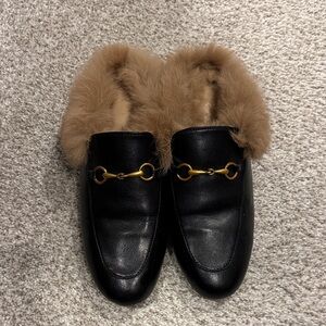 Black Leather Fur-Lined Women's Boutique Backless Loafers